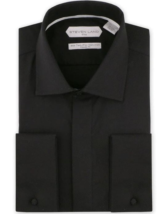 Steven Land Mens Solid Black Regular Fit Cotton French Cuff Dress Shirt