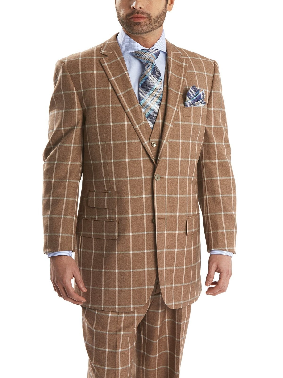 Steven Land Sale Suits 48R Steven Land Classic Fit Brown Windowpane Three Piece Pleated Wool Suit