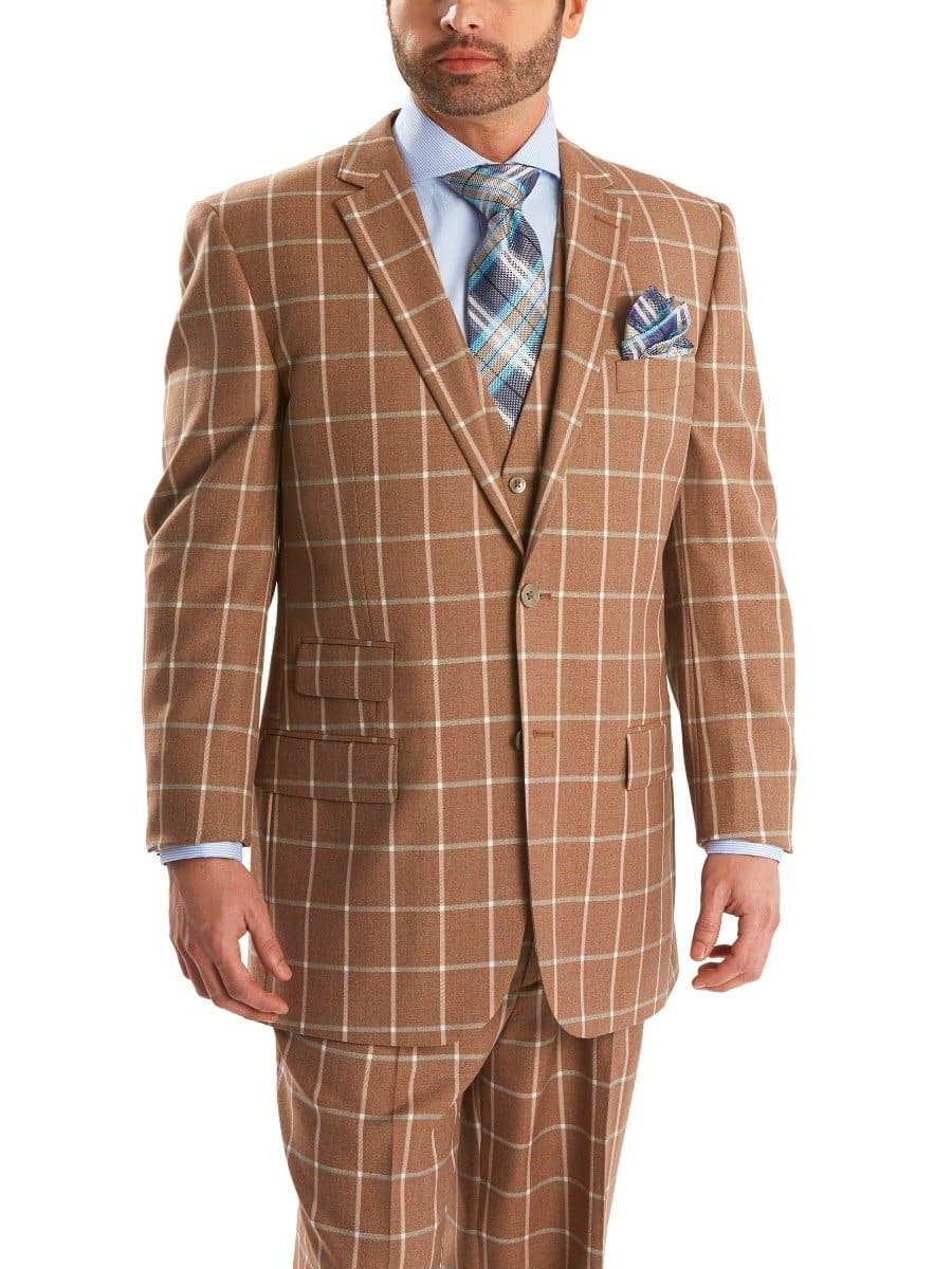 Steven Land Sale Suits Steven Land Classic Fit Brown Windowpane Three Piece Pleated Wool Suit