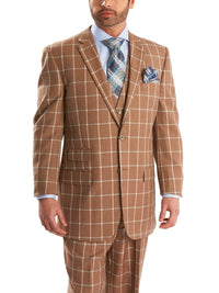 Thumbnail for Steven Land Sale Suits Steven Land Classic Fit Brown Windowpane Three Piece Pleated Wool Suit