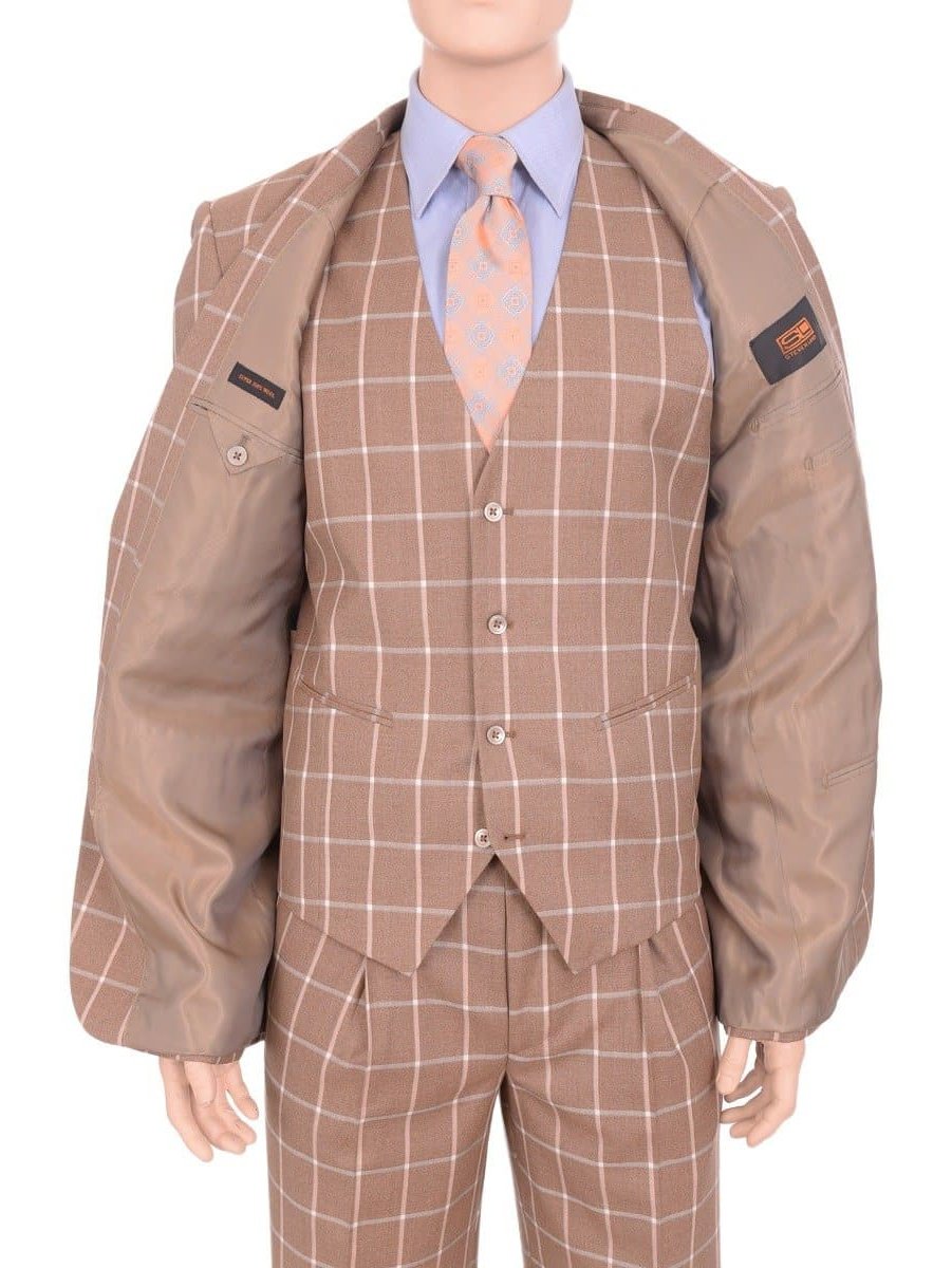 Steven Land Sale Suits Steven Land Classic Fit Brown Windowpane Three Piece Pleated Wool Suit