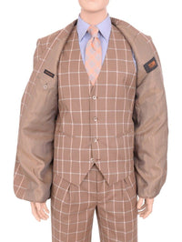 Thumbnail for Steven Land Sale Suits Steven Land Classic Fit Brown Windowpane Three Piece Pleated Wool Suit