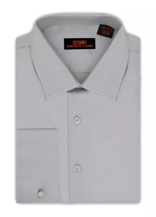 Steven Land SHIRTS Steven Land Men's 100% Cotton Solid Silver French Cuff Non-Iron Classic Fit Dress Shirt