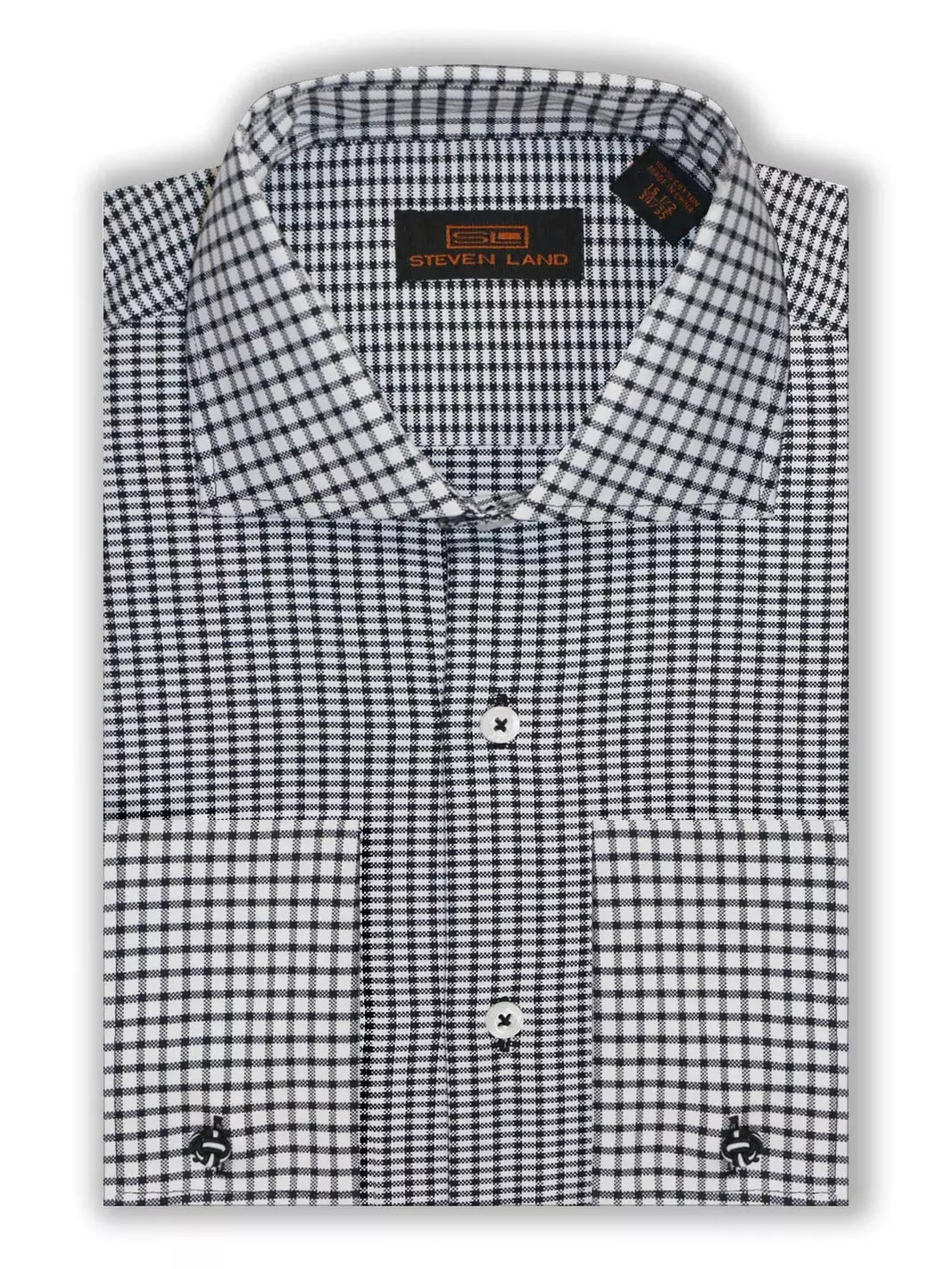 Steven Land SHIRTS Steven Land Mens Black Check 100% Cotton Spread Collar French Cuff Dress Shirt