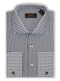 Thumbnail for Steven Land SHIRTS Steven Land Mens Black Check 100% Cotton Spread Collar French Cuff Dress Shirt