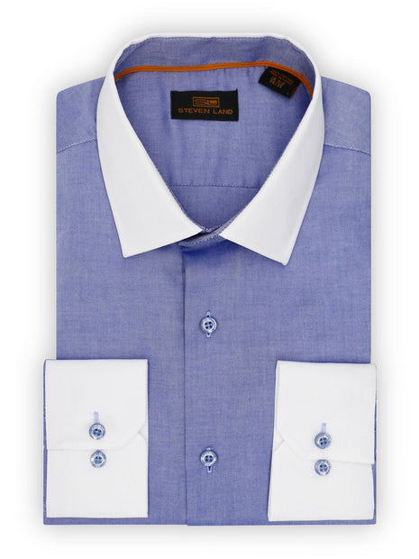 Steven Land Mens Blue 100% Cotton Contrast Cuff & Spread Collar Dress Shirt, 19 / 36/37