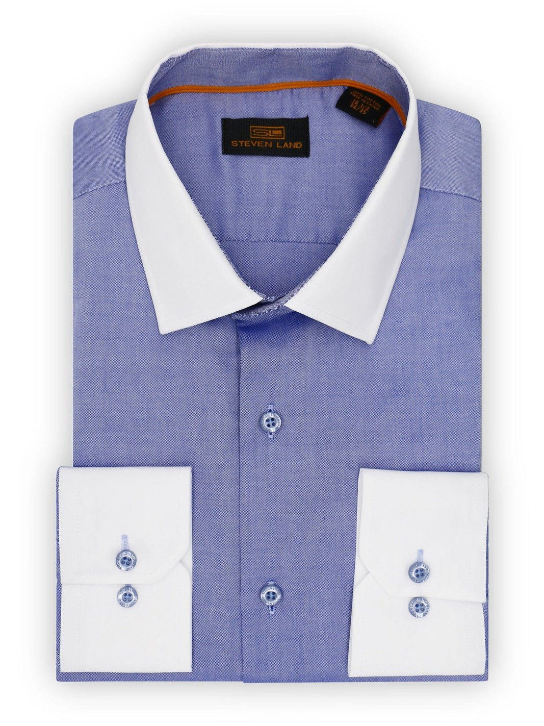 Steven Land SHIRTS Steven Land Mens Blue 100% Cotton Contrast Cuff &amp; Spread Collar Dress Shirt