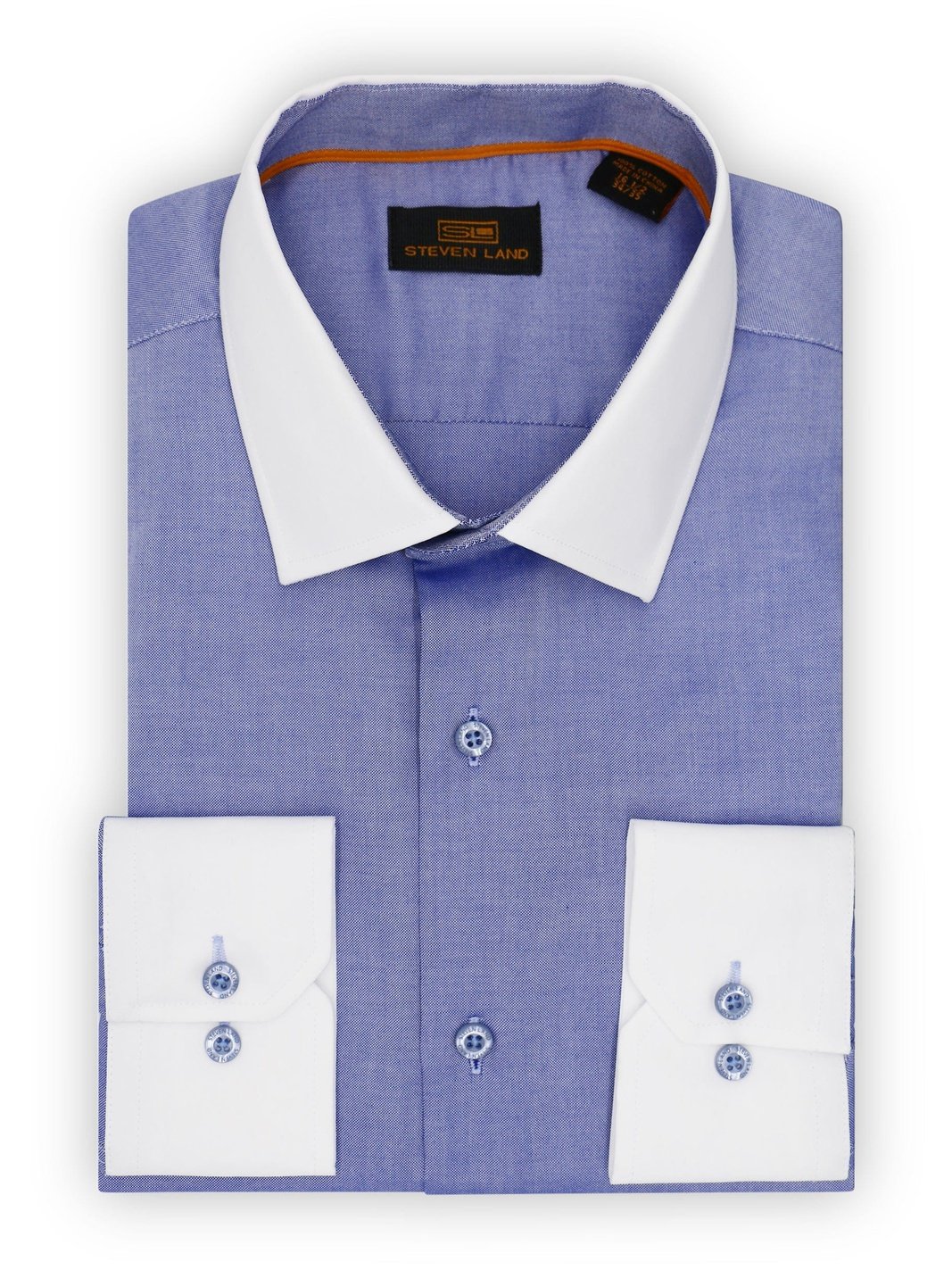 Steven Land SHIRTS Steven Land Mens Blue 100% Cotton Contrast Cuff & Spread Collar Dress Shirt