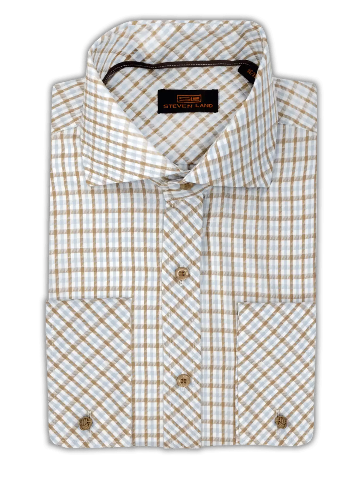 Steven Land SHIRTS Steven Land Mens Brown Plaid Spread Collar French Cuff 100% Cotton Dress Shirt