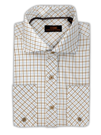 Thumbnail for Steven Land SHIRTS Steven Land Mens Brown Plaid Spread Collar French Cuff 100% Cotton Dress Shirt