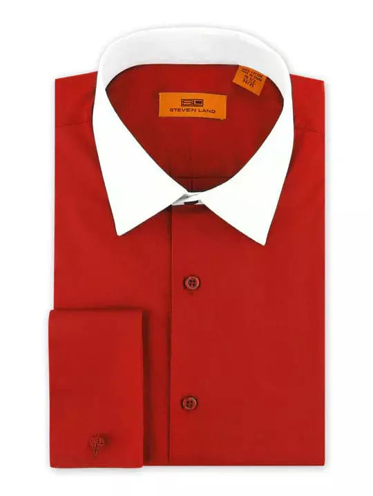 Steven Land SHIRTS Steven Land Mens Cotton Red Contrast Collar French Cuff Cotton Dress Shirt
