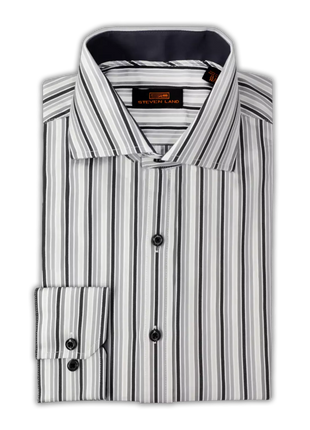 Steven Land SHIRTS Steven Land Mens Silver Striped Regular Fit Spread Collar 100% Cotton Dress Shirt