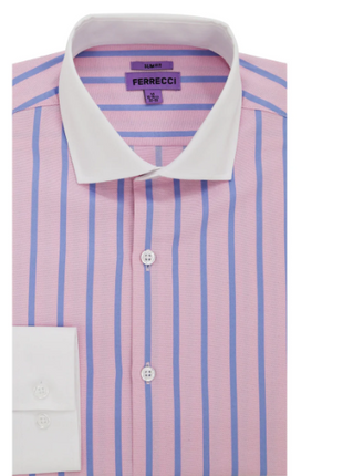 Ferrecci Pink Striped Slim Fit Spread Collar Cotton Dress Shirt - The Suit Depot