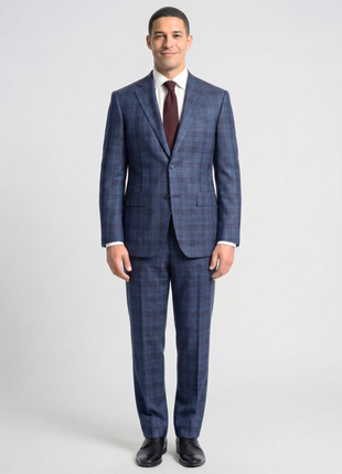 Joseph Bach Mens Blue Windowpane Plaid Half-Canvassed Classic Fit Notch Lapels 2 Button Wool Suit