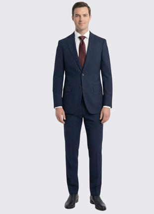 Cardeliano Mens Navy Blue Textured Half-Canvassed Slim Fit Notch Lapels 2 Button Wool Suit
