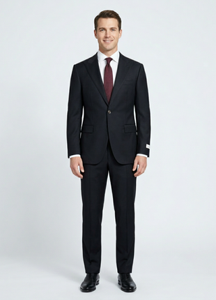 Corneliani Mens Solid Black Fully-Canvassed Peak Lapels Classic Fit 1-Button Wool Blend Suit - 38L
