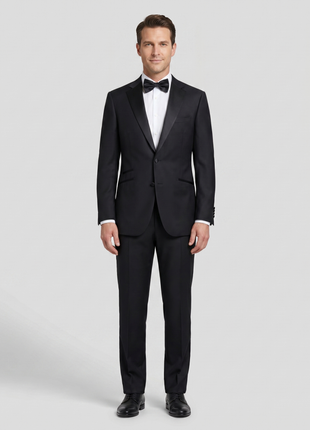 Napoli Mens Solid Black Notch Lapel Classic Fit 2-Button Wool Cashmere Tuxedo with Ticket Pocket - 42R