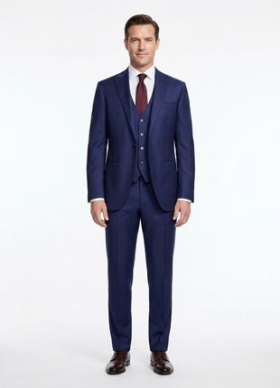 Corneliani Mens Solid Navy Fully-Canvassed Peak Lapels Slim Fit 3-Piece Wool Silk Suit - 42R