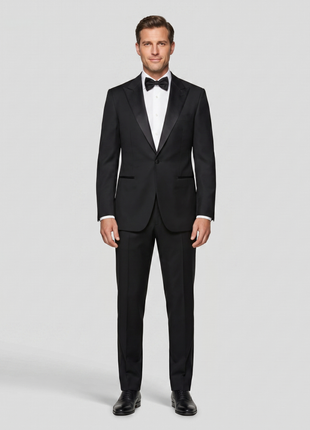 Napoli Black Wool & Cashmere Tuxedo With Satin Notch Lapels And Satin Stripe On Pant