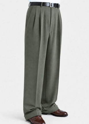 Tovaglia Mens Solid Dark Green Wide Leg Pleated Wool Dress Pants