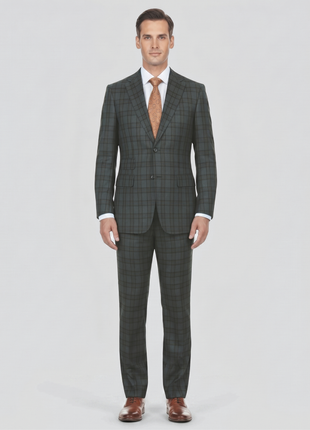 English Laundry Mens Gray With Green Plaid Slim Fit Peak Lapel 2 Button Stretch Suit