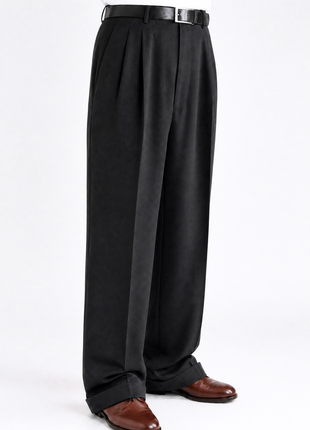 Tovaglia Mens Solid Black Wide Leg Wool Cashmere Pleated Dress Pants