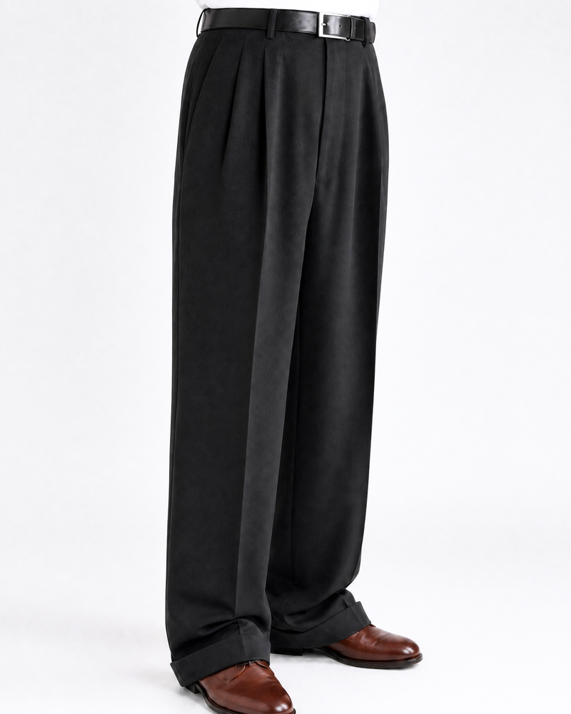 ど*き様 19AW midorikawa Wide Slacks wool × Tovaglia Mens Solid Black Wide Leg Wool Cashmere Pleated Dress
