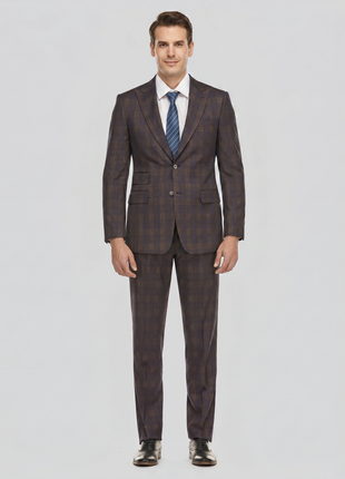 English Laundry Mens Plaid Navy With Brown Slim Fit Peak Lapel Stretch 2 Button Suit