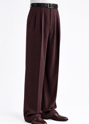Tovaglia Mens Solid Dark Burgundy Wide Leg Pleated Wool Dress Pants