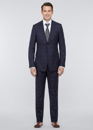 English Laundry Glen Plaid Blue & Rust Slim Fit Notch Lapel 2 Button Stretch Suit