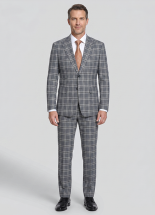 English Laundry Windowpane Check Gray Slim Fit Peak Lapel Stretch 2 Button Suit
