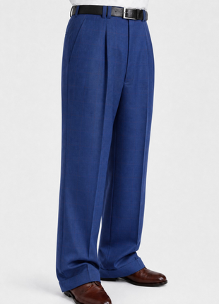 Steven Land Classic Fit Blue Windowpane Plaid Pleated Wide Leg Wool Dress Pants
