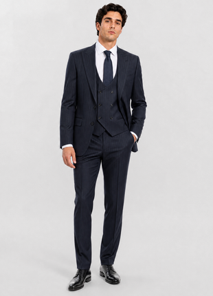 Mazara Mens Navy Rope Striped Slim Fit Peak Lapel 3-Piece Wool Suit