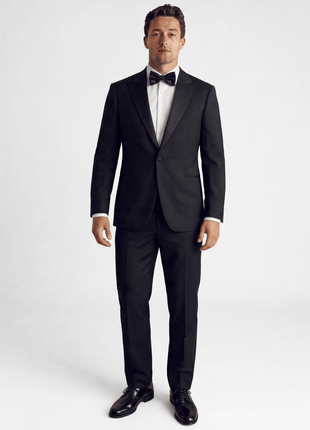 Mazara Mens Solid Black Peak Lapel Classic Fit Wool One-Button Formal Tuxedo Suit
