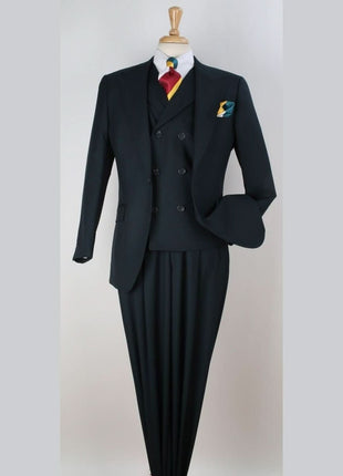 Apollo King Solid Green 100% Wool Classic Fit Three Piece Suit with Peak Lapels