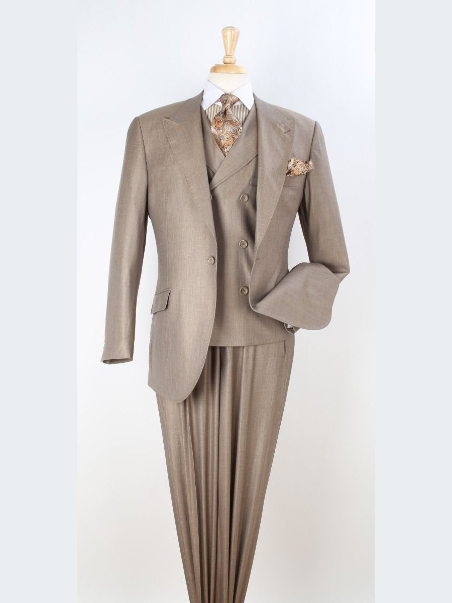 Apollo King Mens Classic Fit Tan 100% Wool 3 Piece Pleated Suit With Peak Lapels