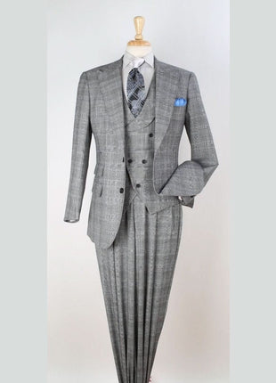 Apollo King Mens Big & Tall Classic Fit Gray Plaid 3 Piece 100% Wool Suit With Peak Lapels