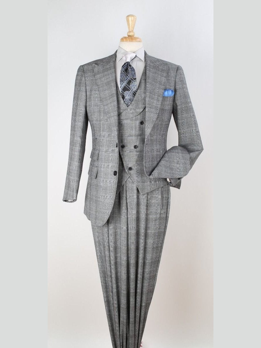 Apollo King Mens Classic Fit Gray Plaid 3 Piece 100% Wool Suit With Peak Lapels