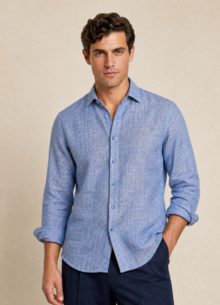 Proper Mens Blue Contemporary Fit Spread Collar 100% Linen Dress Shirt