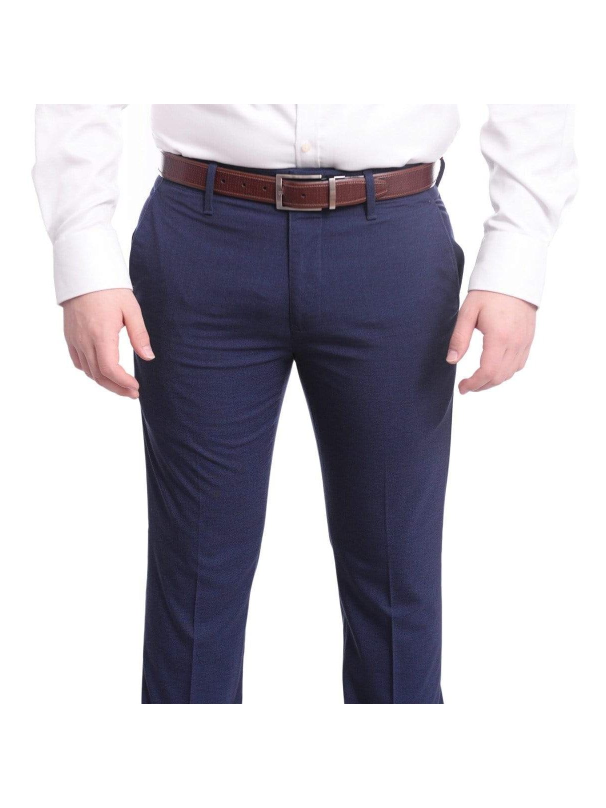 Mens Solid Navy Slim Fit Flat Front 4 Way Stretch Dress Pants