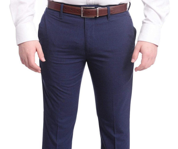 Mens Solid Navy Slim Fit Flat Front 4 Way Stretch Dress Pants – The Suit  Depot
