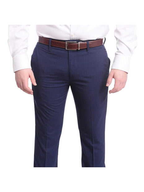 Mens Solid Navy Slim Fit Flat Front 4 Way Stretch Dress Pants – The Suit  Depot