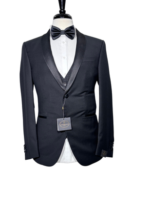 Corneliani Mens Black Mixed Pattern Fully-Canvassed Shawl Lapel Slim Fit 3-Piece Wool Tuxedo - 38R
