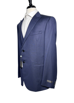 Corneliani Mens Navy Textured Fully-Canvassed Peak Lapel Slim Fit 3-Piece Wool Suit - 46L - The Suit Depot
