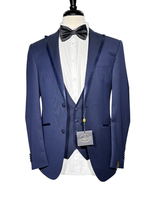 Corneliani Mens Solid Navy Fully-Canvassed Peak Lapel Slim Fit 3-Piece Wool Tuxedo Suit - 38R