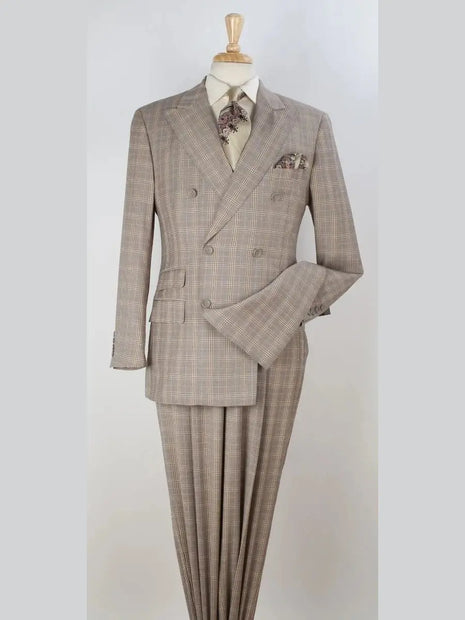 Apollo King Mens Brown Plaid Classic Fit 100% Wool Double Breasted