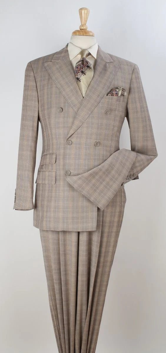 Apollo King Mens Brown Plaid Classic Fit 100% Wool Double Breasted 3 Piece Suit