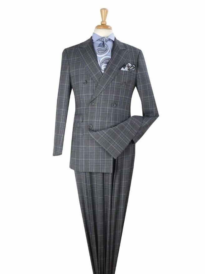 Apollo King Mens Gray Plaid Classic Fit 100% Wool Double Breasted 3 Piece Suit