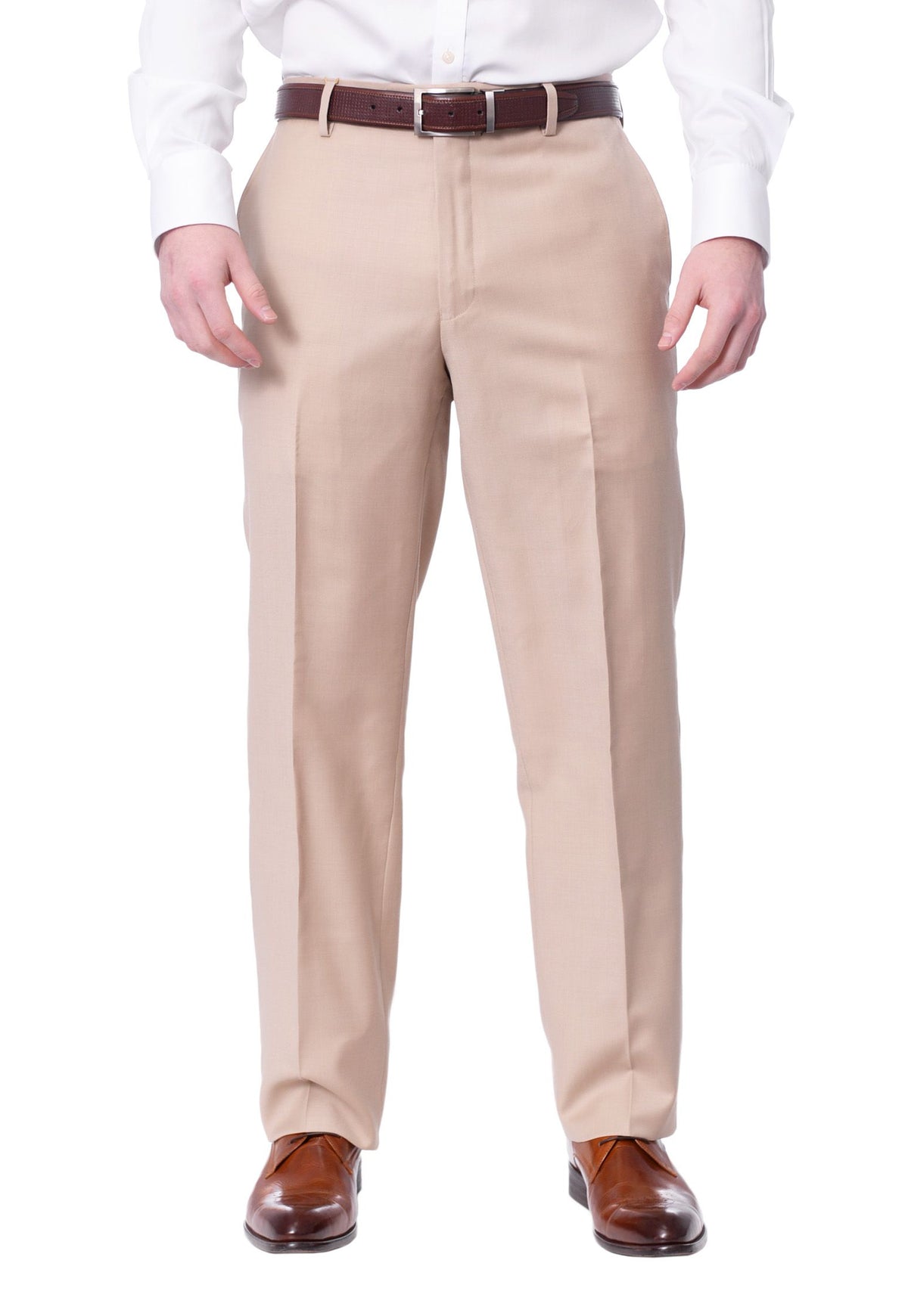 Label M Mens Solid Tan Beige Flat Front Wool Dress Pants