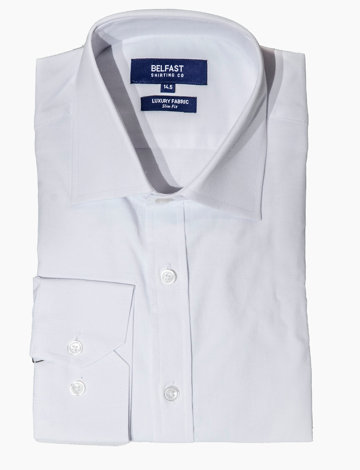 Belfast Mens Classic Fit Solid White Cotton Stretch Spread Collar Dress Shirt